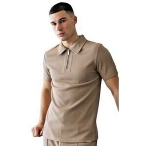 MAUVAIS Men Size XS Textured Rib Zip Short Sleeve Polo Shirt Beige Preppy Casual